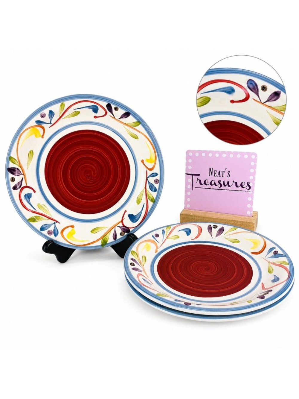 Gibson GARDINO ROSSO Scroll Leaves Dots Red Center Stoneware Salad Plates Set 3